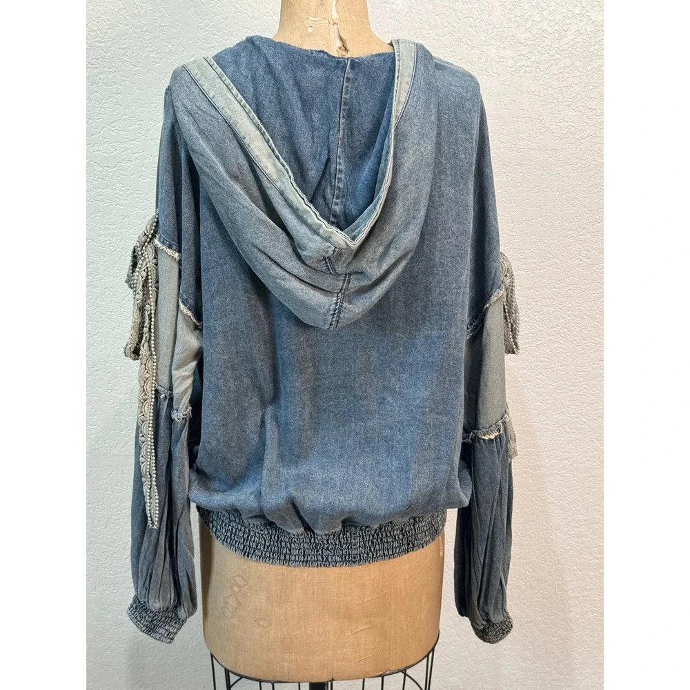 Jaded Gypsy Tied About Jacket Chambray Blue‎ Denim Zip Hoodie Lace S/M NWT